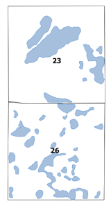 A figure of two equally sized boxes with colored areas showing the distribution of wetlands. The top section has fewer, larger areas whereas the lower has many smaller wetland areas.