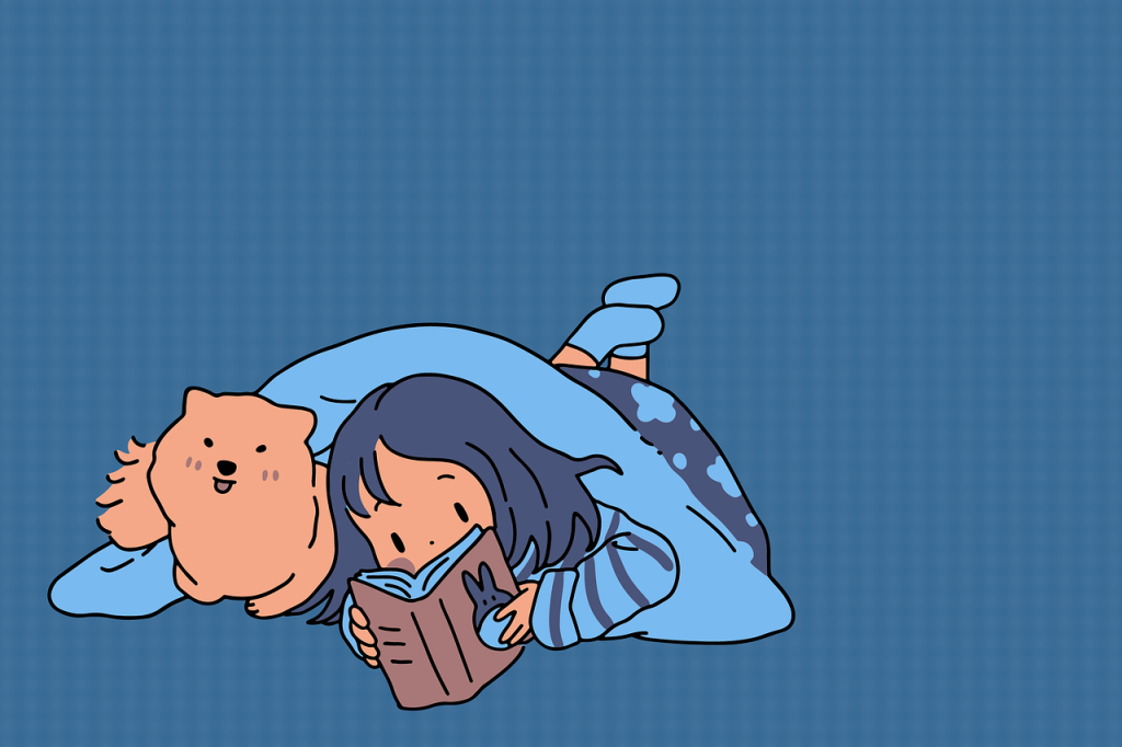 An illustration of a young girl reading a book cuddled up in a blanket with a dog.