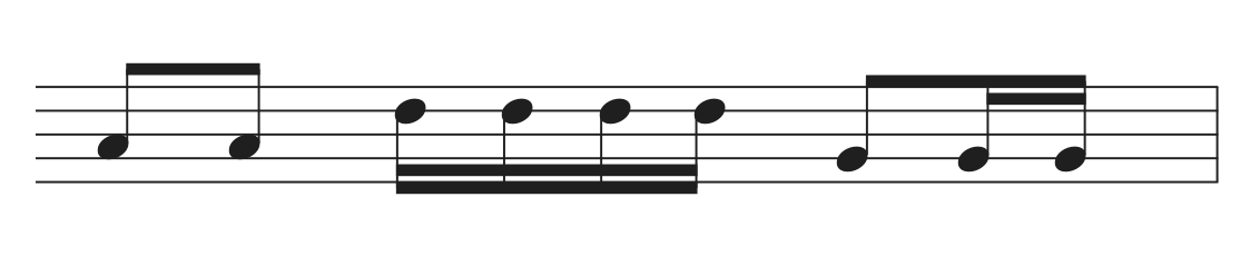 Eighth notes and sixteenth notes correctly beamed together on a staff.