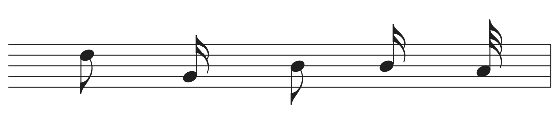 Eighth, sixteenth, and thirty-second notes with correctly drawn flags on a staff.