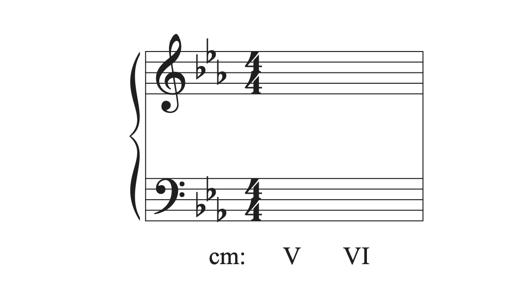 A musical example in C minor with chord progression V to VI without notes on the staff.