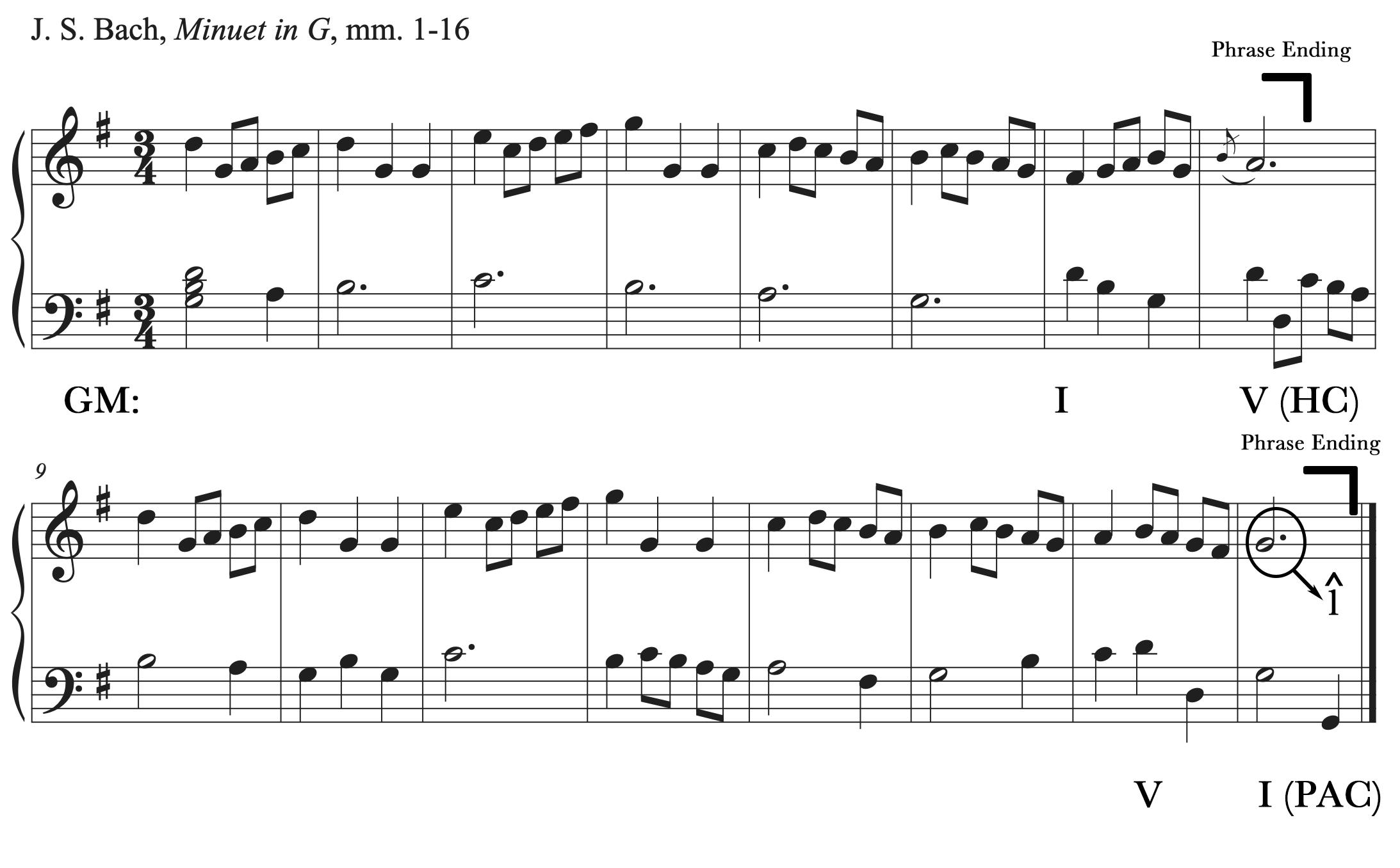The Bach Minuet excerpt with cadences labeled in bars 8 and 16 is shown.