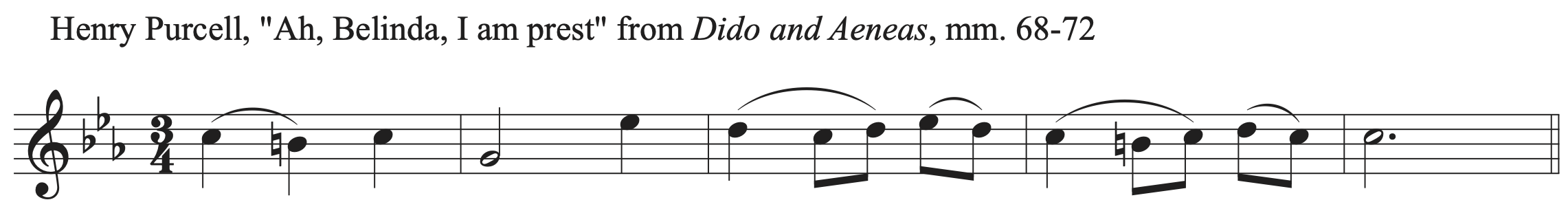 Excerpt from Henry Purcell, "Ah, Belinda, I am prest" from Dido and Aeneas, measures 68 to 72.