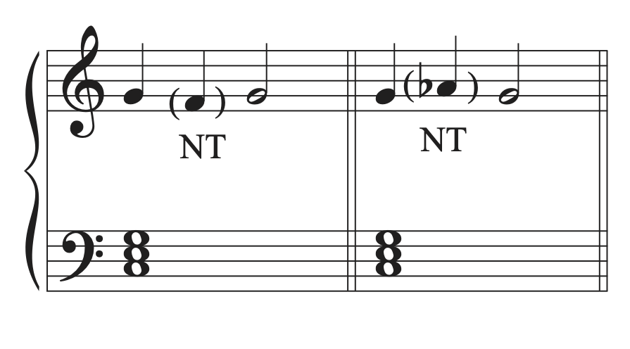 A musical example with neighbor tones added and labeled.