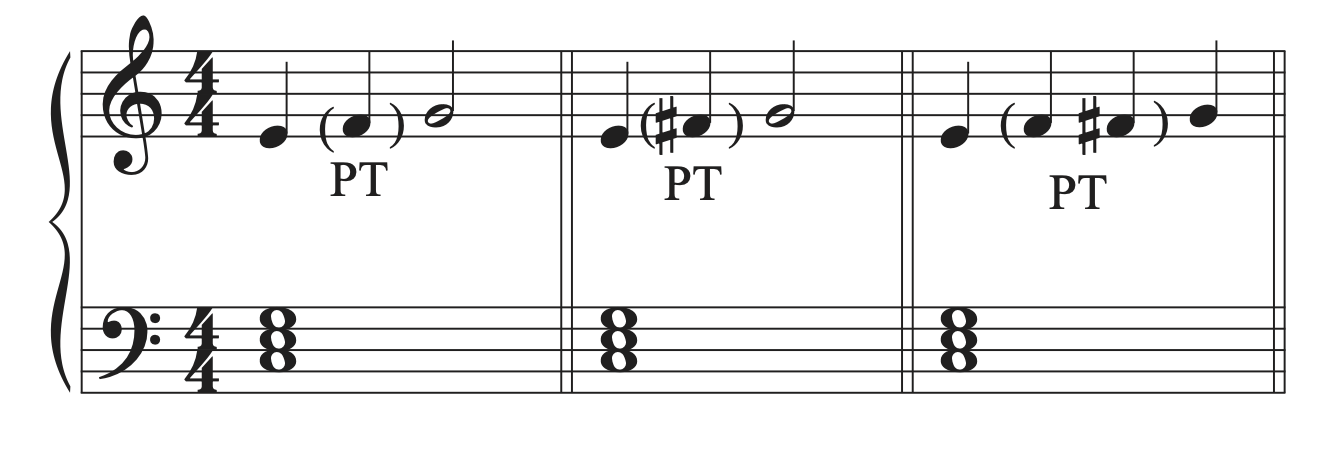 Musical examples with diatonic and chromatic passing tones added and labeled.
