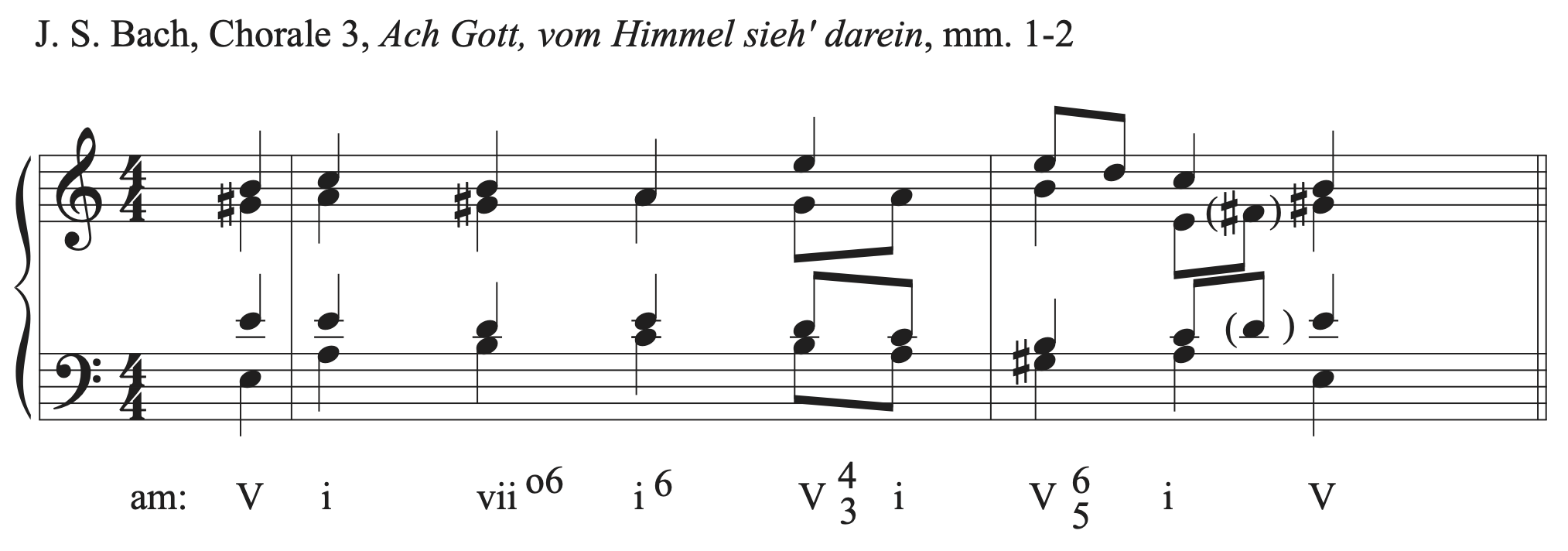 Excerpt from J.S. Bach's Chorale 3, Ach Gott, vom Himmel sieh'darein, measures 1 to 2.