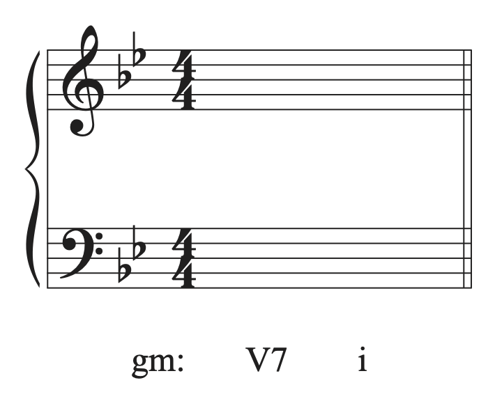 A V7 to I chord in G minor without notes on the staff.