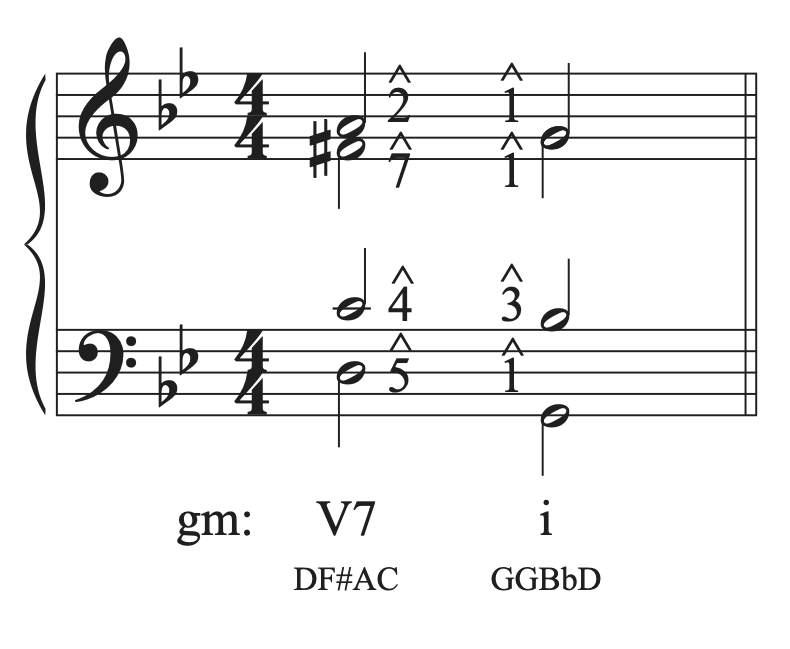 Part writing from V to I in the musical example in G minor.