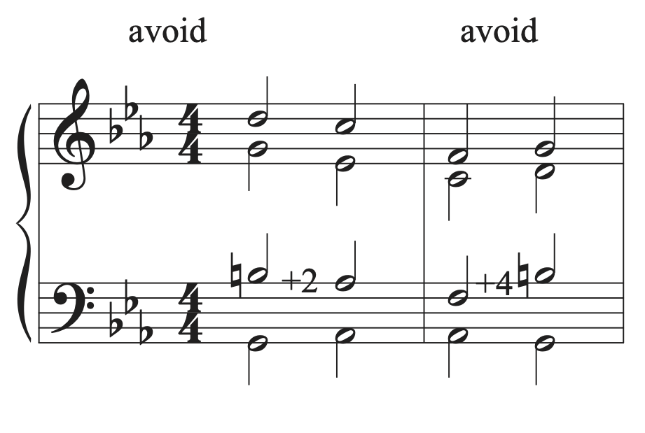 A musical example showing a melodic augmented second interval and a melodic augmented fourth interval.