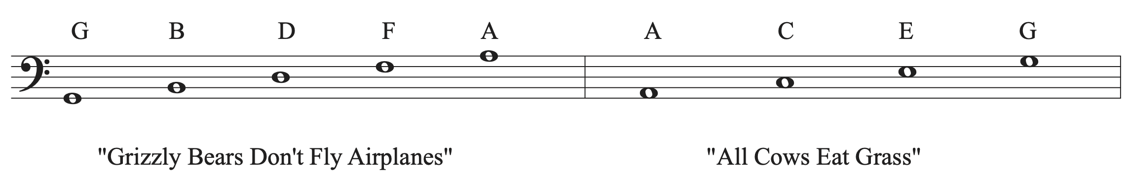 Bass clef notes on lines and spaces labeled on a staff.