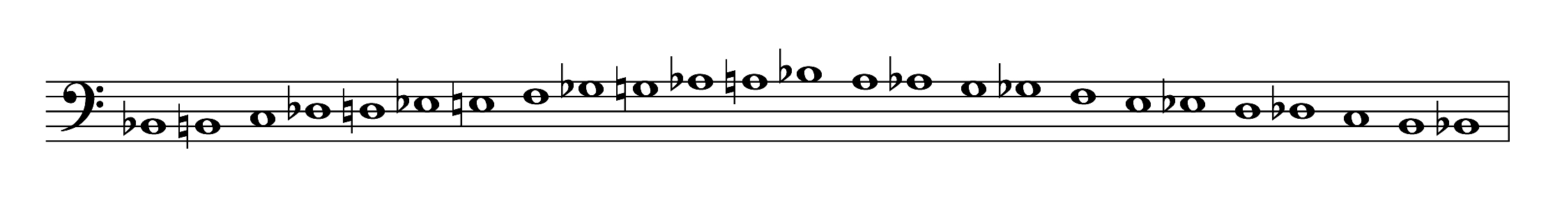 A chromatic scale from B-flat 2 to B-flat 3 shown ascending and descending on a staff.