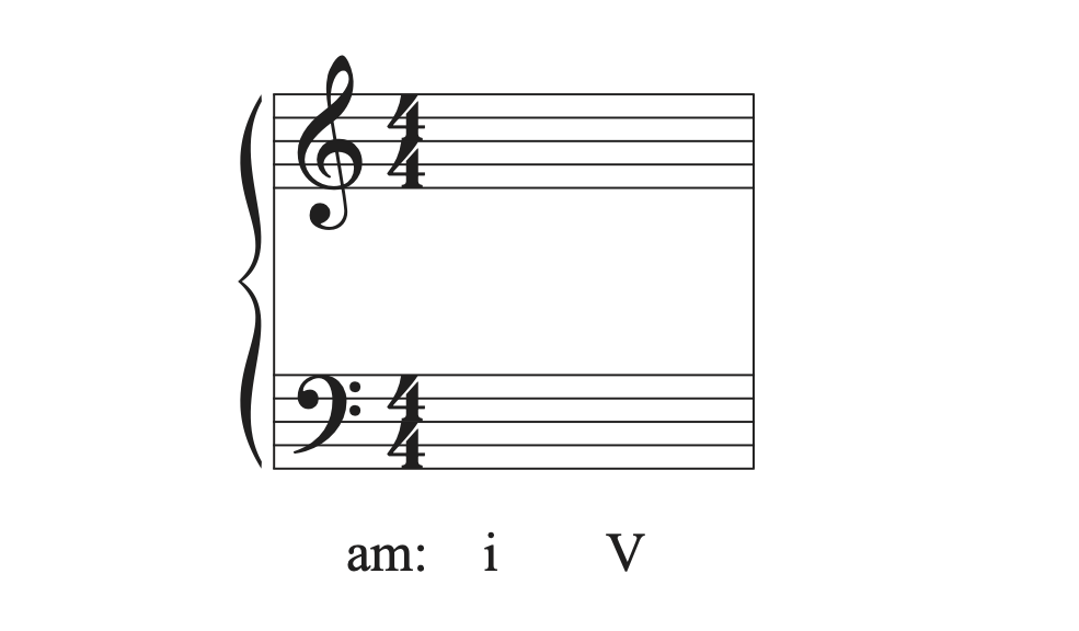 A musical example in A minor with chord progression I to V without notes on the staff.