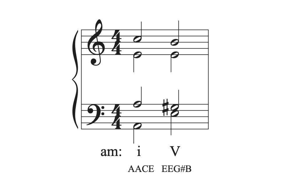 Part writing the remaining voices in the V chord in the musical example in A minor.