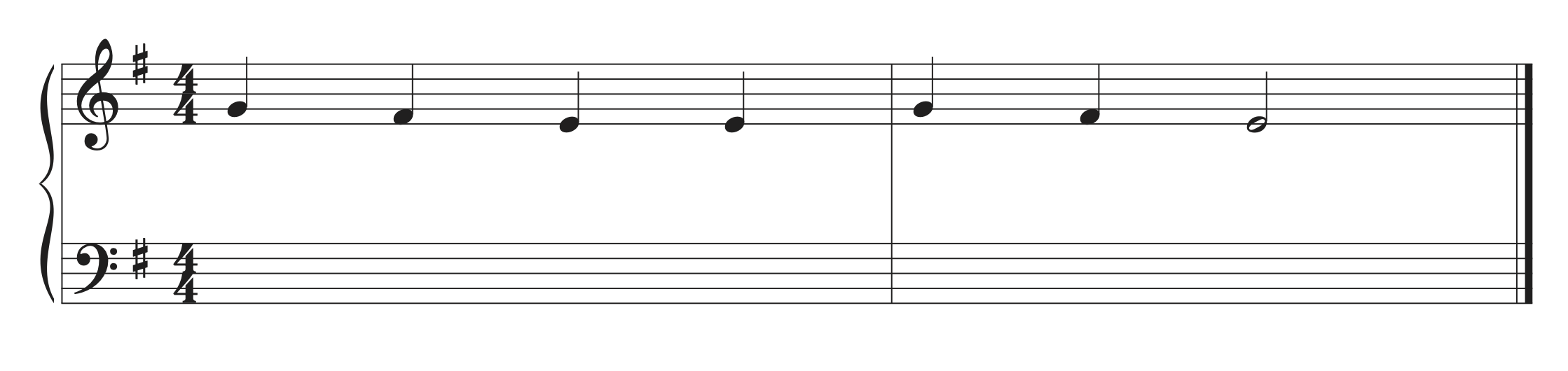 A two-bar musical example in G major with notes F4, F-sharp 4, E4, E4, G4, F-sharp 4, E4.