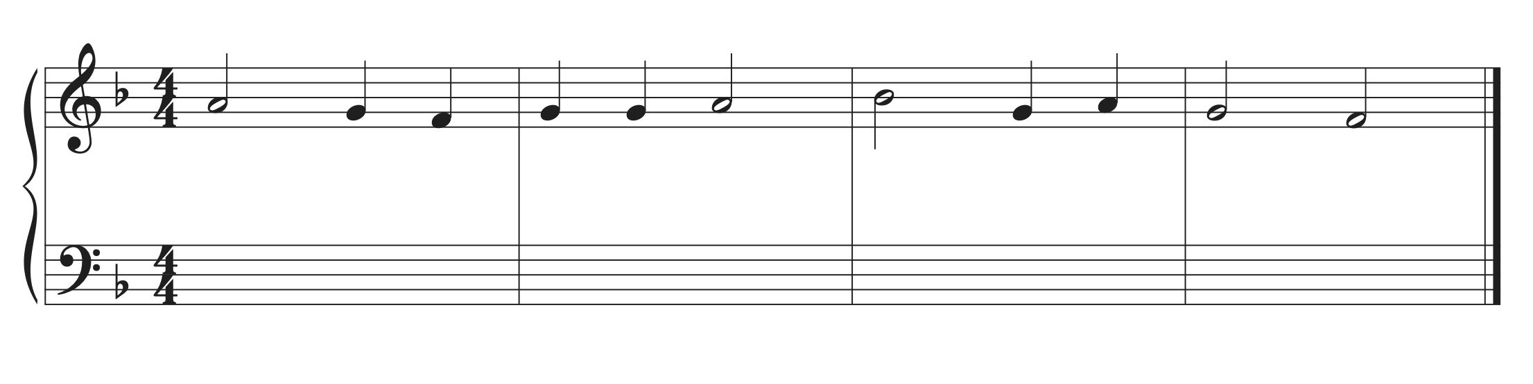 A four bar musical example in F major with notes A4, G4, F4, G4, G4, A4, B-flat 4, G4, A4, G4, F4.