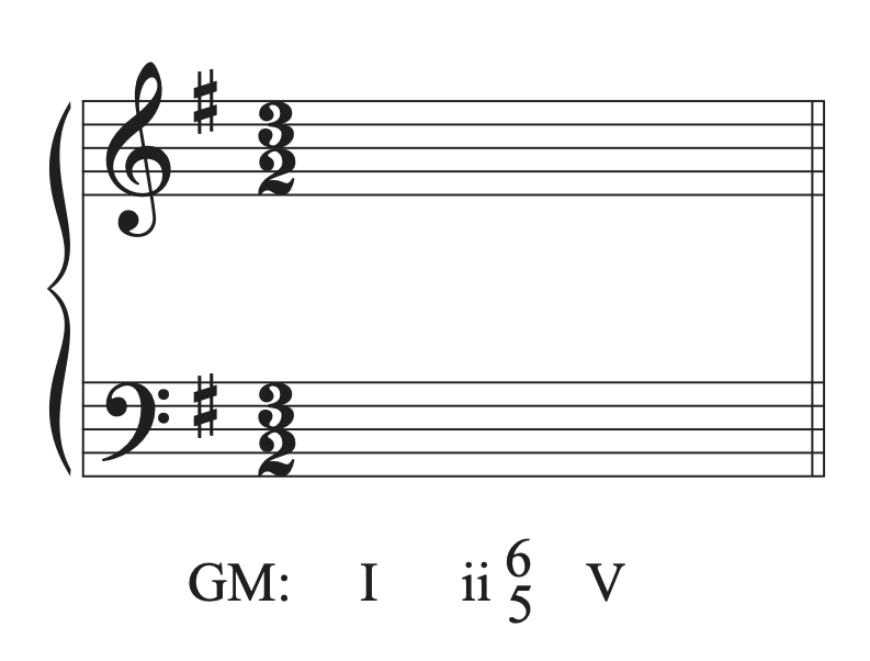 A musical example in G major with a I chord going to a ii7 chord in first inversion resolving to V without notes on the staff.
