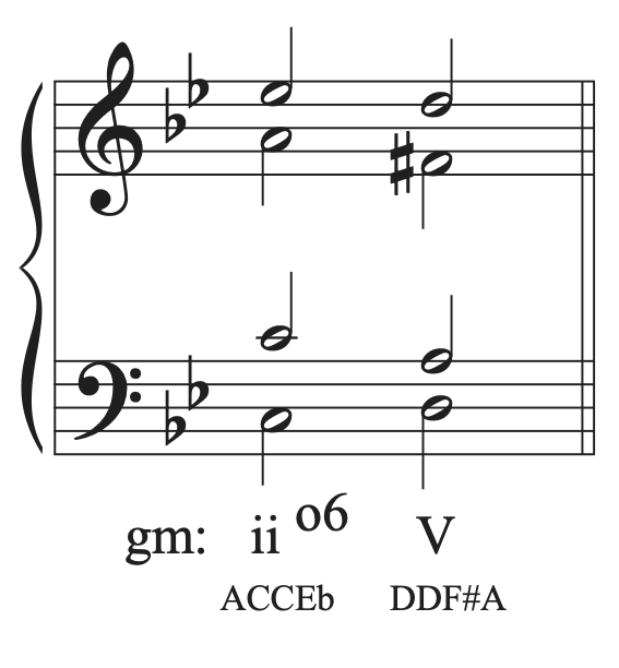 Part writing the V chord in the musical example in G minor.