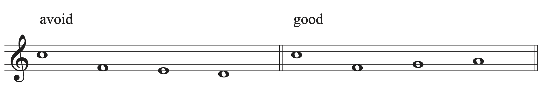 Two musical examples, the first showing bad part writing using a large leap and continuing in the same direction, and the second showing a good part writing example using a large leap followed by stepwise motion in the opposite direction.