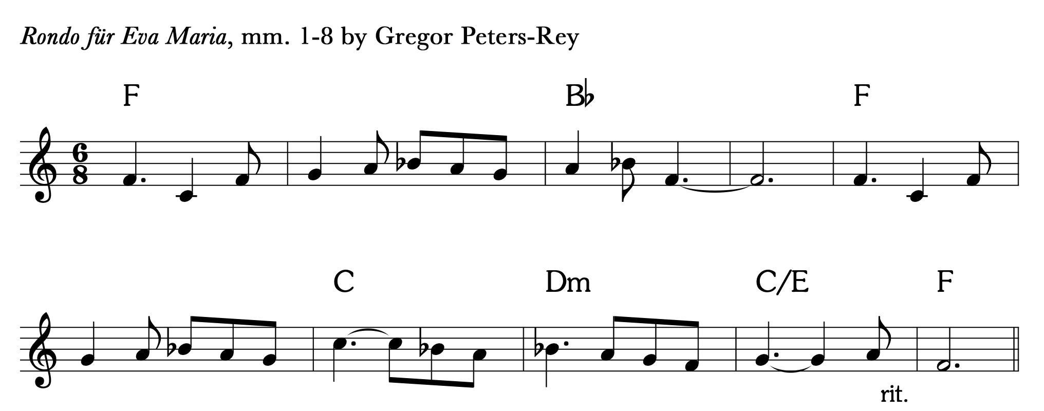 Excerpt from Rondo fur Eva Maria, measures 1 to 8 by Gregor Peters-Rey.