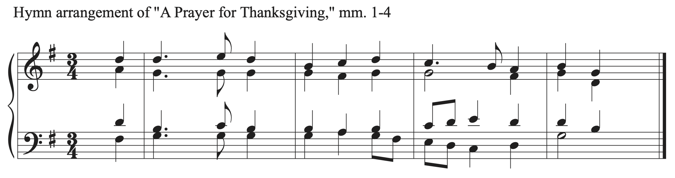 Hymn arrangement of "A Prayer for Thanksgiving," measures 1 to 4.