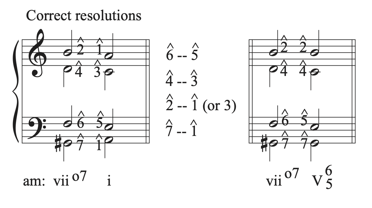 A musical example that shows the correct resolution from a root position vii fully-diminished seventh chord to a I chord or a V7 chord in first inversion.