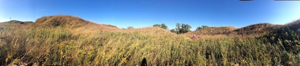 Grass-covered mounds or hills approximately 30' in elevation difference from the flat area in the foreground with a blue sky backdrop. This area next to the Platte river in Nebraska contains significant find sand blown out of the river valley.