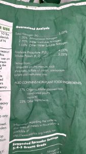 Organic fertilizer bag for turfgrass. It shows the percentage of N (5%), Phosphate (4%), and Potash (5%). The product shows it is derived from composted manure, rock phosphate, sulfate of potash, ammonium sulfate and methylene urea. It also includes some organic matter and a low percentage of other materials.