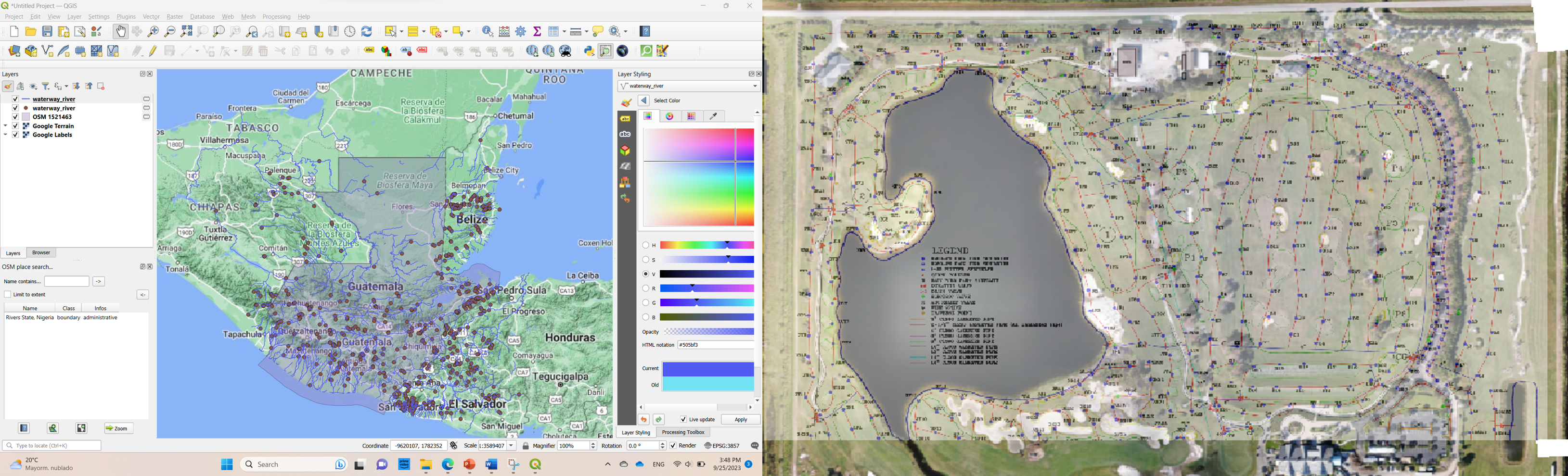 Examples of GIS technologies. LEFT: screen of QGIS (free access GIS software) where a base topographic map is being used to overlap vector layers of the Guatemalan political boundary and the waterways within the country. RIGHT is a base map created using a drone image to georeferenced an irrigation map for a golf course in Florida (Pictures by: Arturo F.)