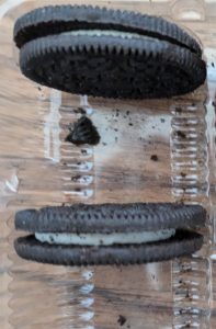 two oreos with lots of space in between (enough to fit 3 or so oreoes)