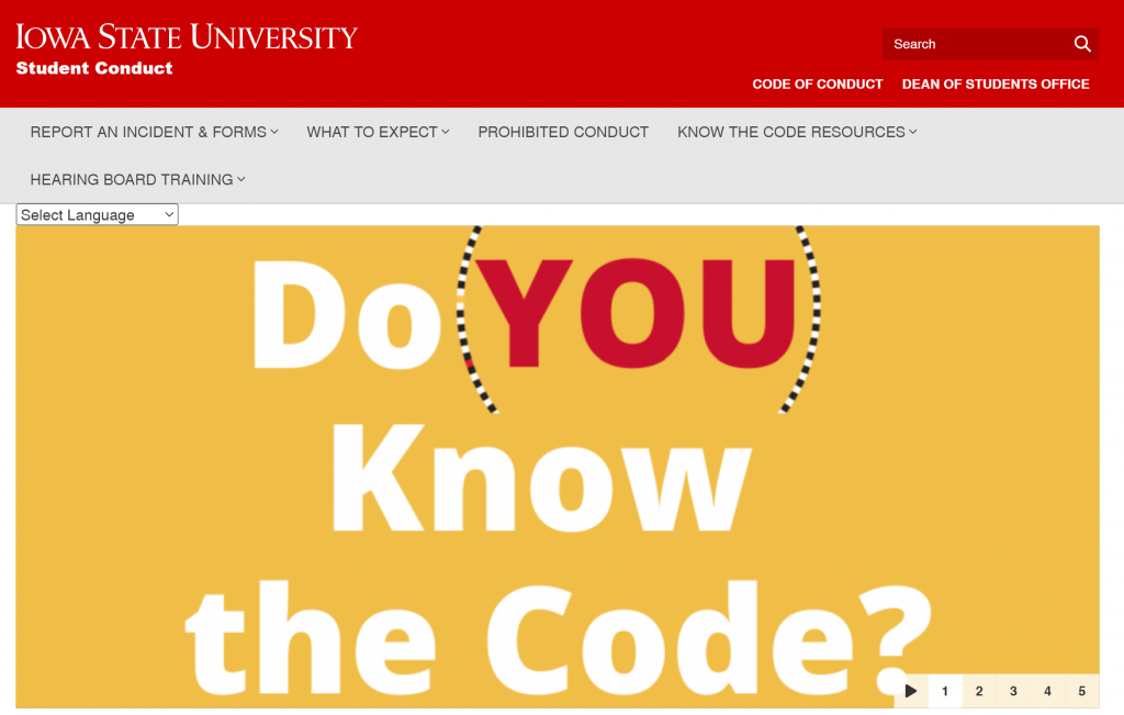 Screenshot of the Iowa State University Student Conduct website