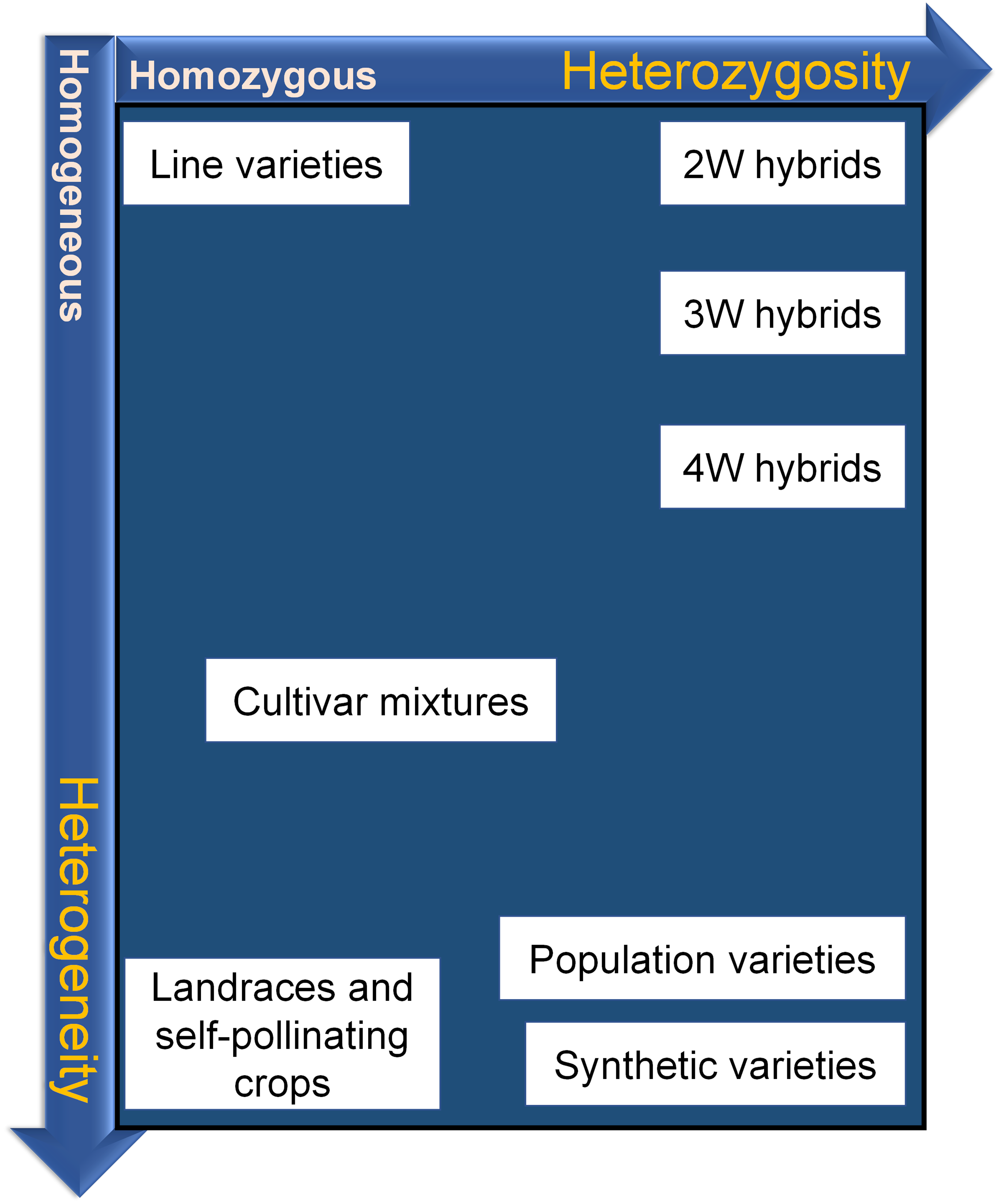 Genetic structures plotted along a chart of heterozygosity and heterogeneity. Landraces and self-pollinating crops have the highest heterogeneity while 2W hybrids have the highest heterozygosity.