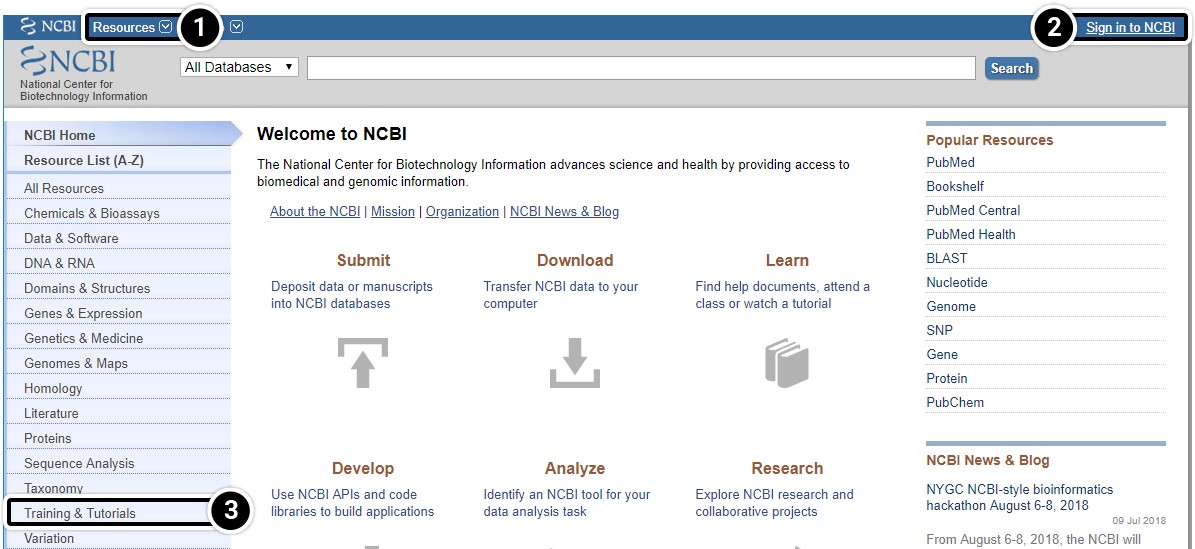 A screenshot of the NCBI website with labels on the Resources dropdown (1), Sign in (2), and Trainign and tutorials (3).