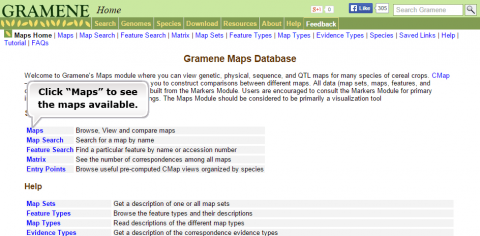 Screenshot of the Gramene maps database, with a note to click the "Maps" button to see the maps available.