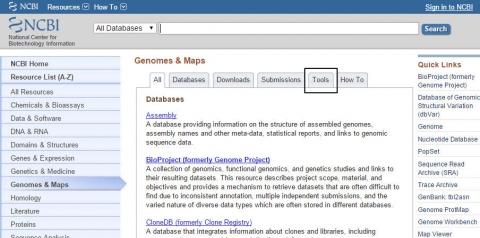 Screenshot of NCBI interface, with tabbed menu items. The tab for Tools is highlighted.