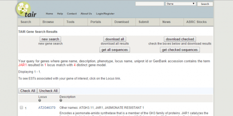 Screenshot of results for JAR1 in the TAIR database.
