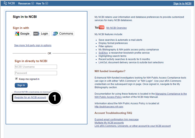Screenshot of the sign in page for NCBI, with the Register for an account link highlighted.