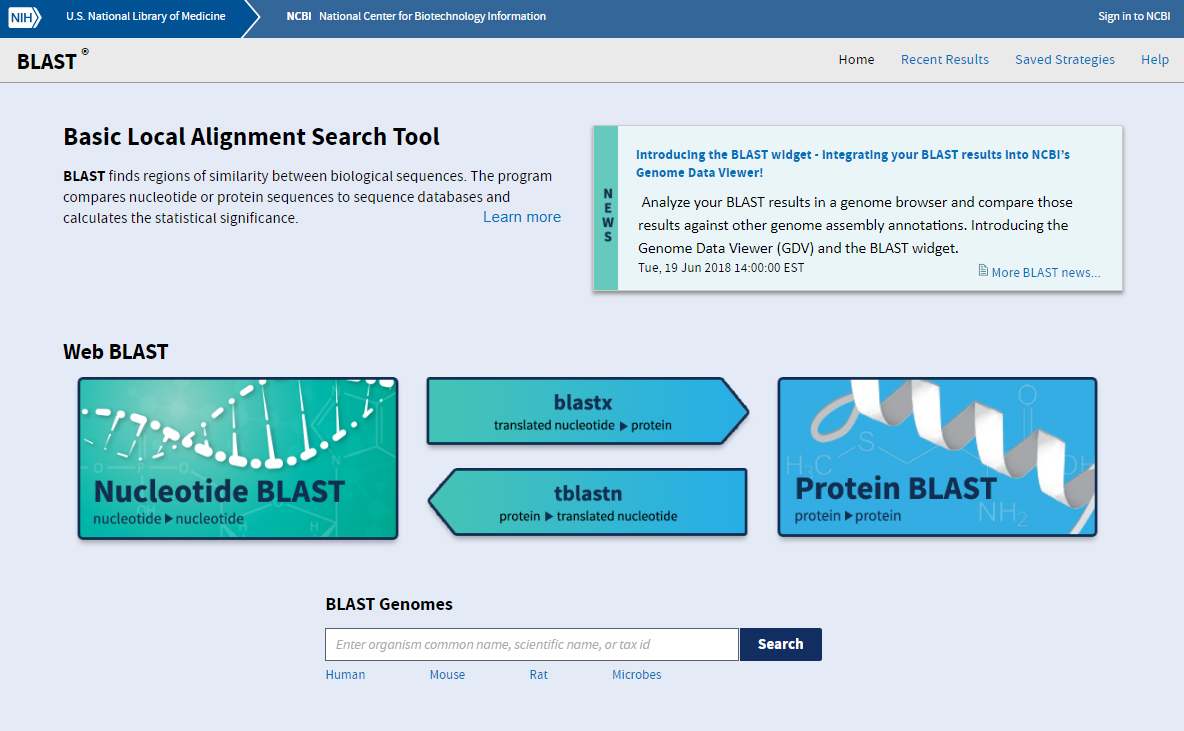 Screenshot of BLAST Interface homepage.