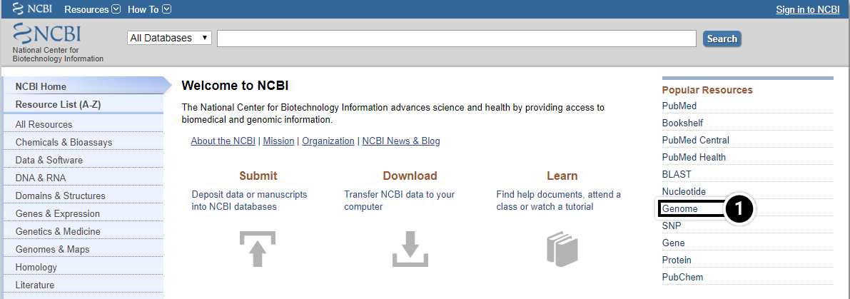 Screenshot of NCBI homepage with link to Genome highlighted.