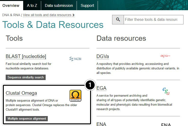Screenshot EMBL-EBI tools and data resources.