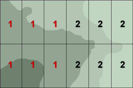 An image with 12 rectangle sections: both top row has three 1s and three 2s.