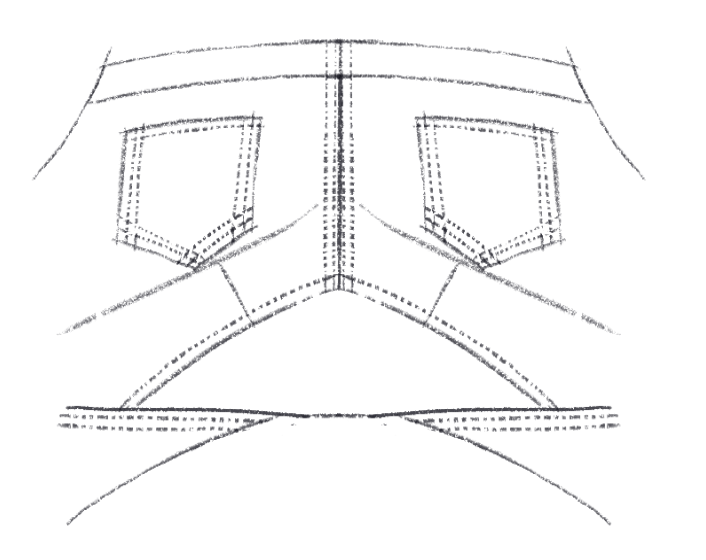 An illustration of pants with extra fabric along the crotch seam.