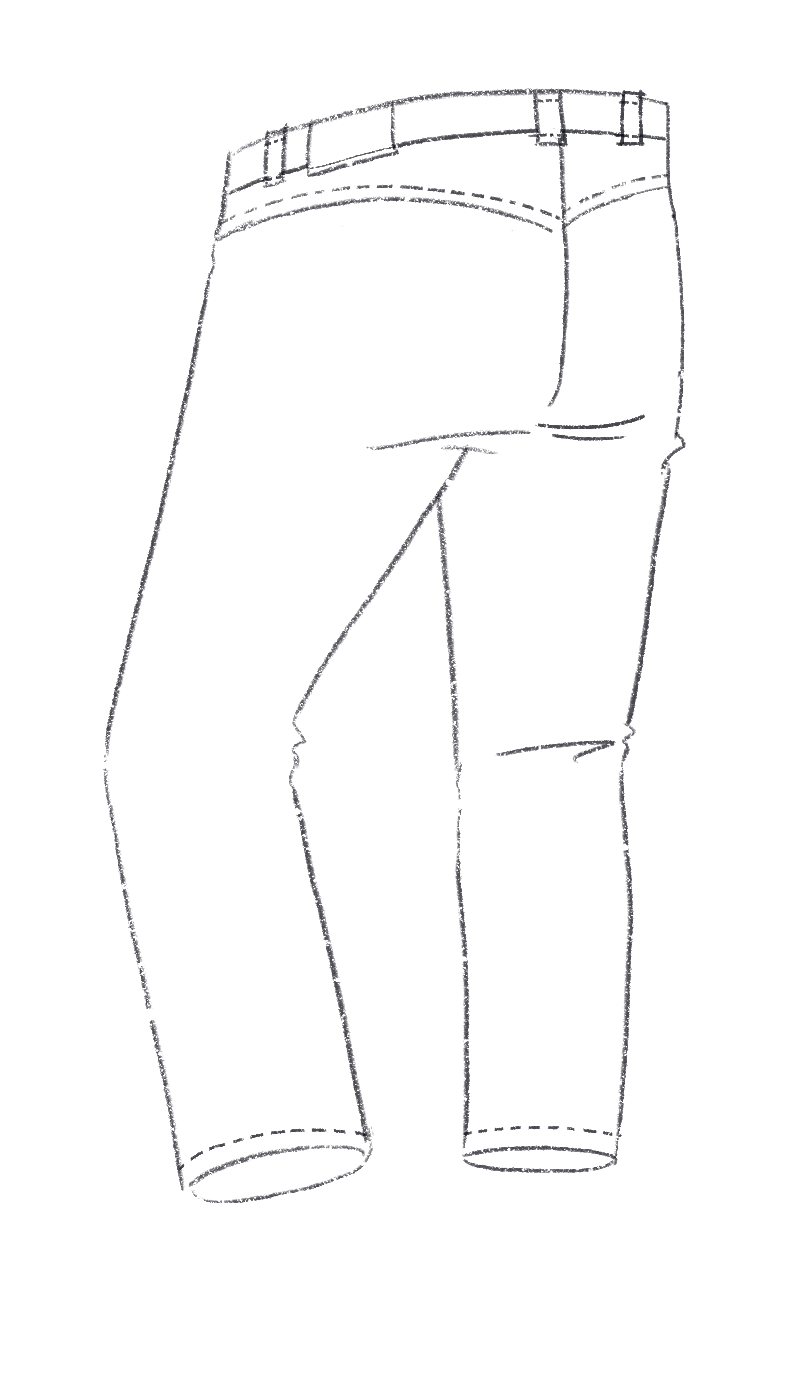 Simple illustration of pants with no back pockets.
