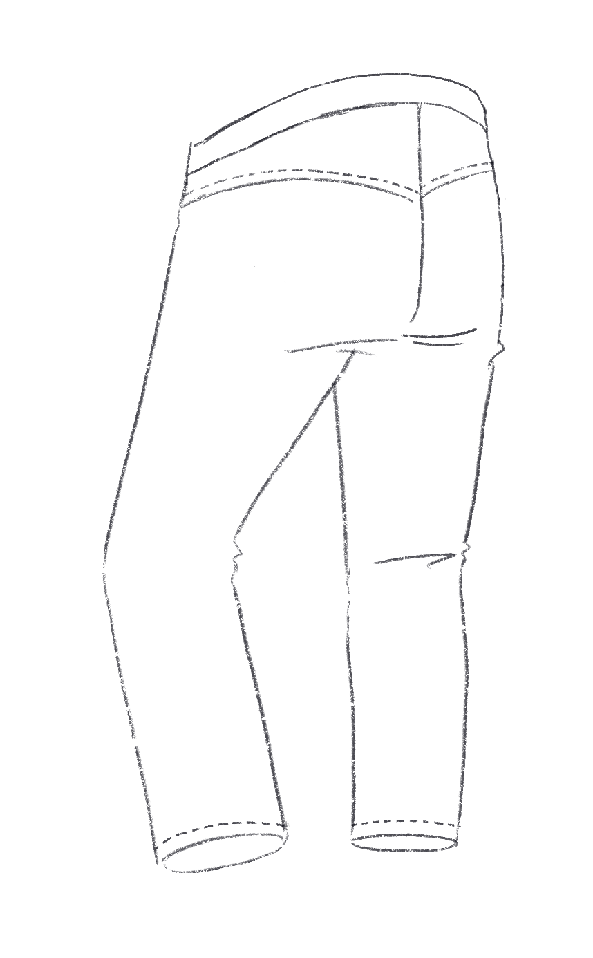 Simple illustration of high-back pants with no back pockets.