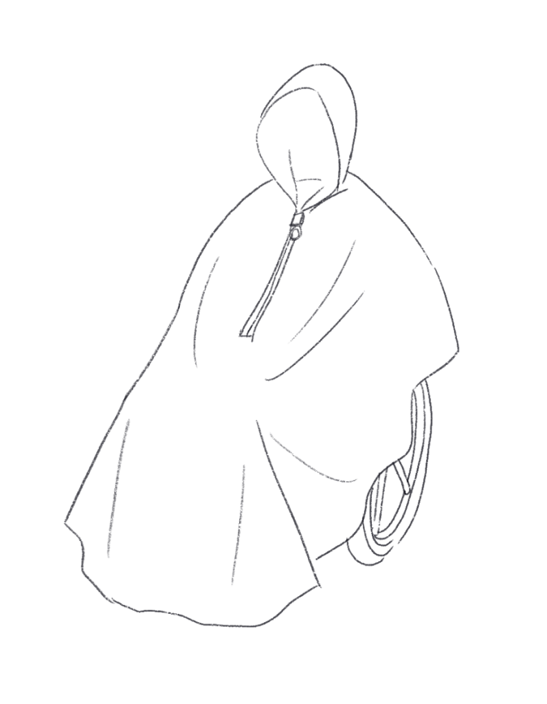 A poncho (a wide, open garment with a hood) which is longer in the front, covering the legs, and shorter in the back, to not cover a wheelchair's wheels.