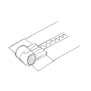 A simple pencil illustration close-up of the end of a zipper closure, which has two round magnets rather than a pull closure.