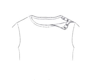 A simple illustration of a shirt with snap closures along the shoulder seam.