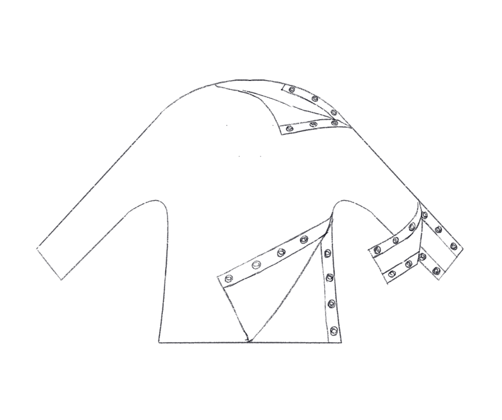 An illustration of a shirt where all seams (arm, shoulder, and torso) are able to be opened with snap closures.
