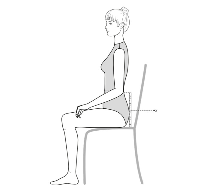 A seated figure has a ruler paced against the base of their chair up to their natural waist.