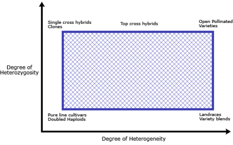 Two dimensional graph showing the degree of heterozygosity increases from bottom with pure lines and DHs to the top vertically with hybrids and clonal varieties and degree of heterogeneity increases from left with pure lines to the right with landraces and variety blends horizontally.