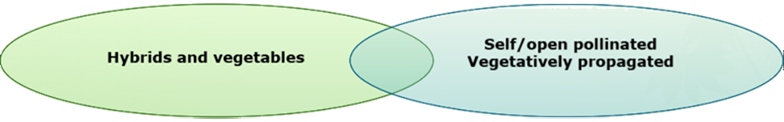 Venn diagram of hybrids and vegetables (left) and self/open pollinated vegetatively populated (right)